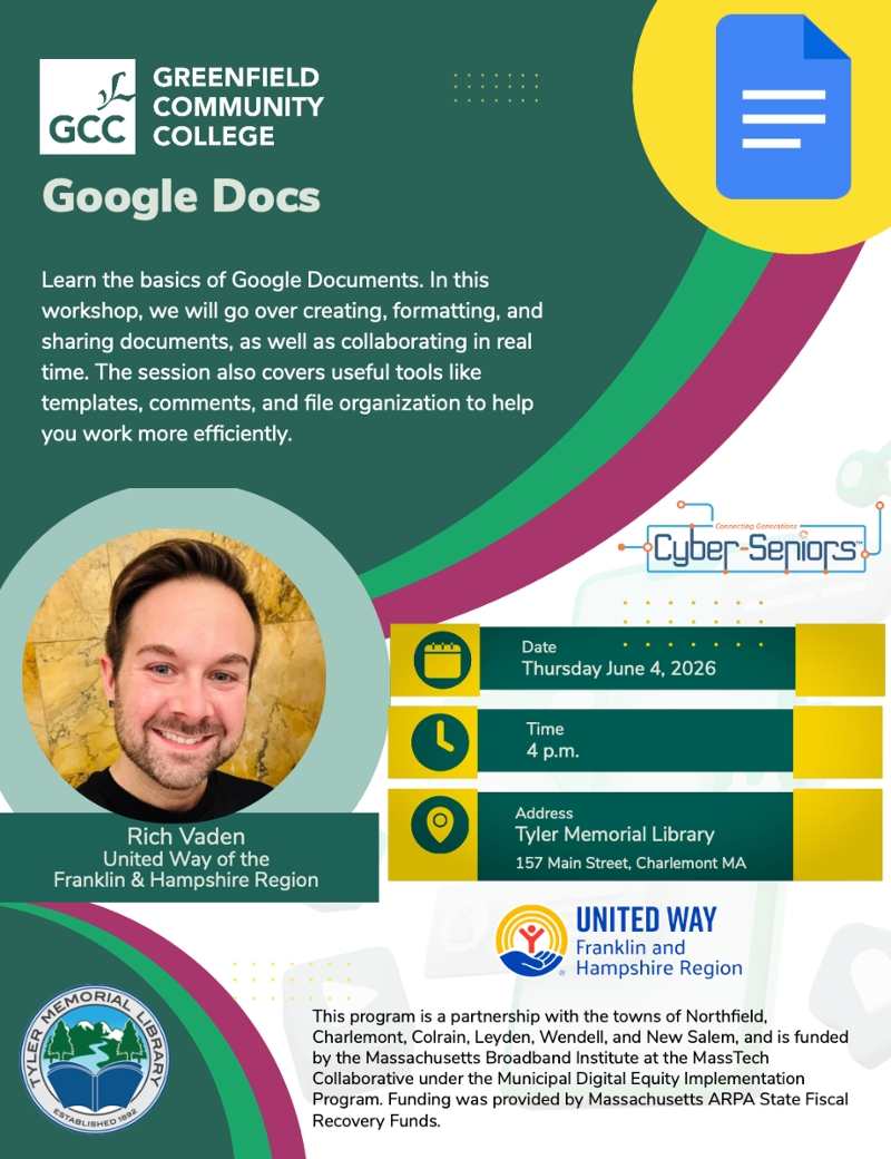 Google Docs, June 4 3-7PM, Tyler Memorial Library. Learn the basics of organization and sharing.